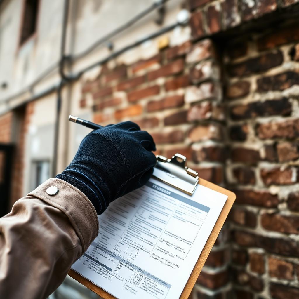 Commercial surveyor recording the condition of a property facade